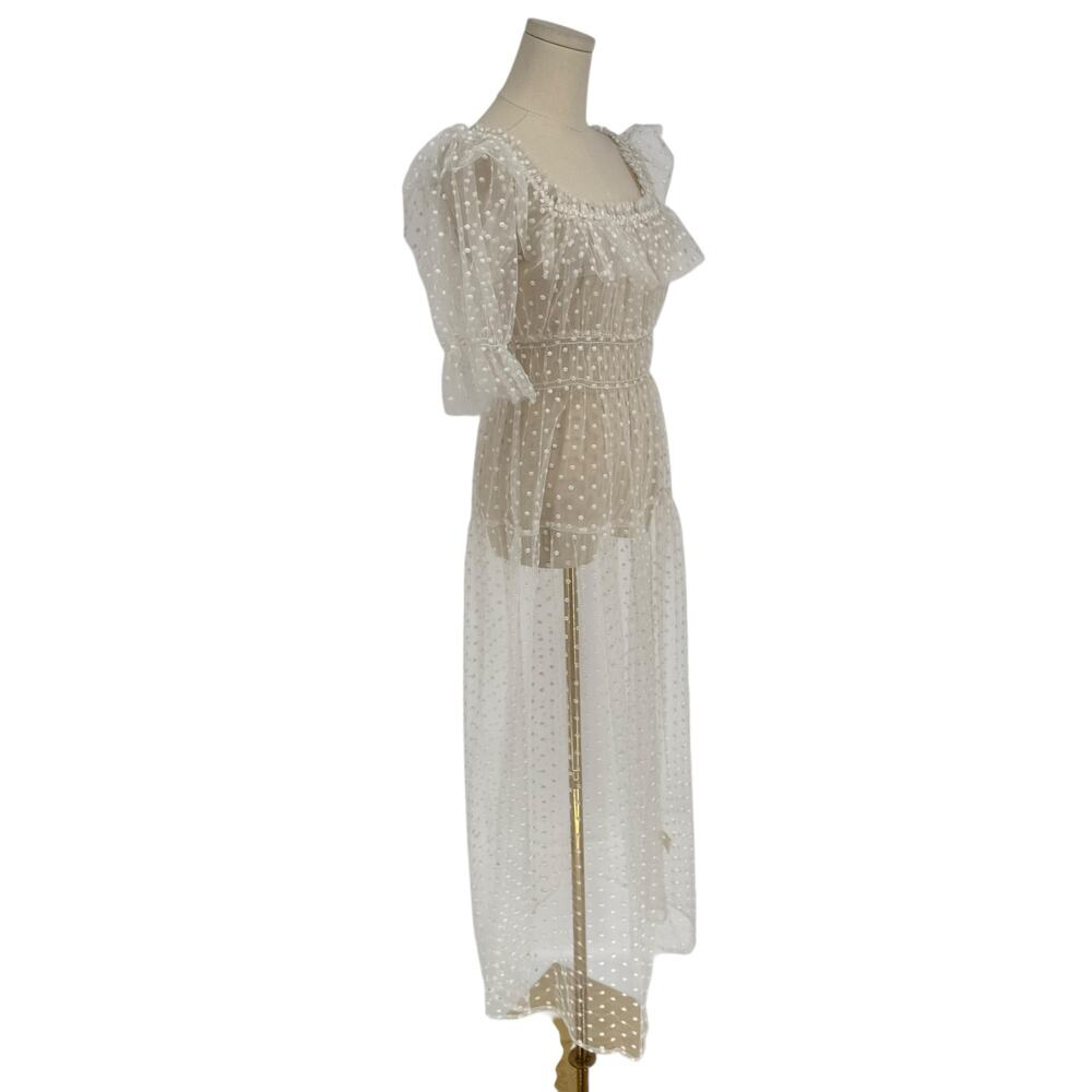DOEN Bohemian Sheer White Swiss Dot Tulle Maxi Dress, Size M Unlined Summer - Picture 3 of 7